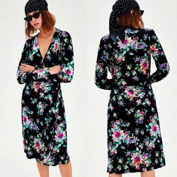 New ZARA Floral-Print Velvet Wrap Midi Dress Small - Picture 15 of 15